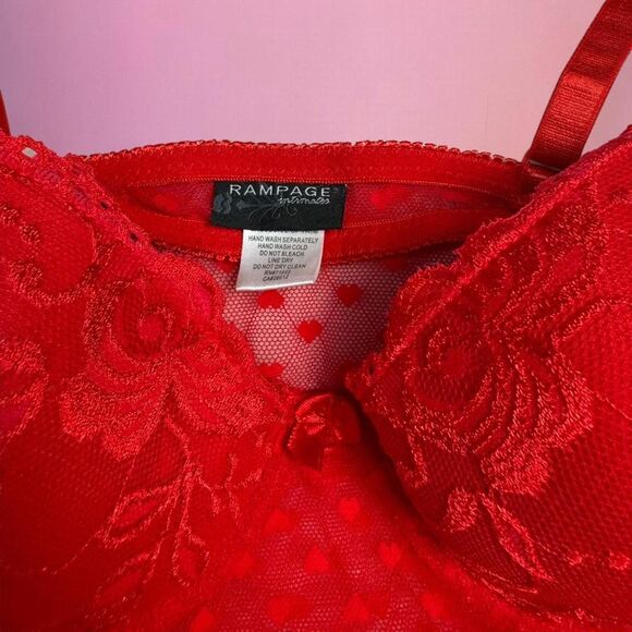 Rampage Y2K red sheer lingerie top with floral lace detailing and heart pattern - Picture 7 of 8